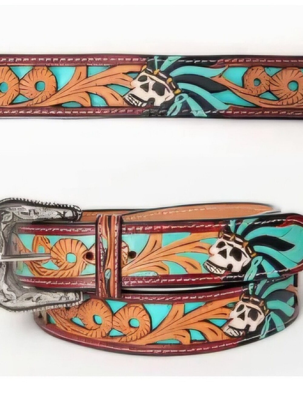 American Darling Turquoise, Teal & Brown Hand-Painted Skull Western Belt